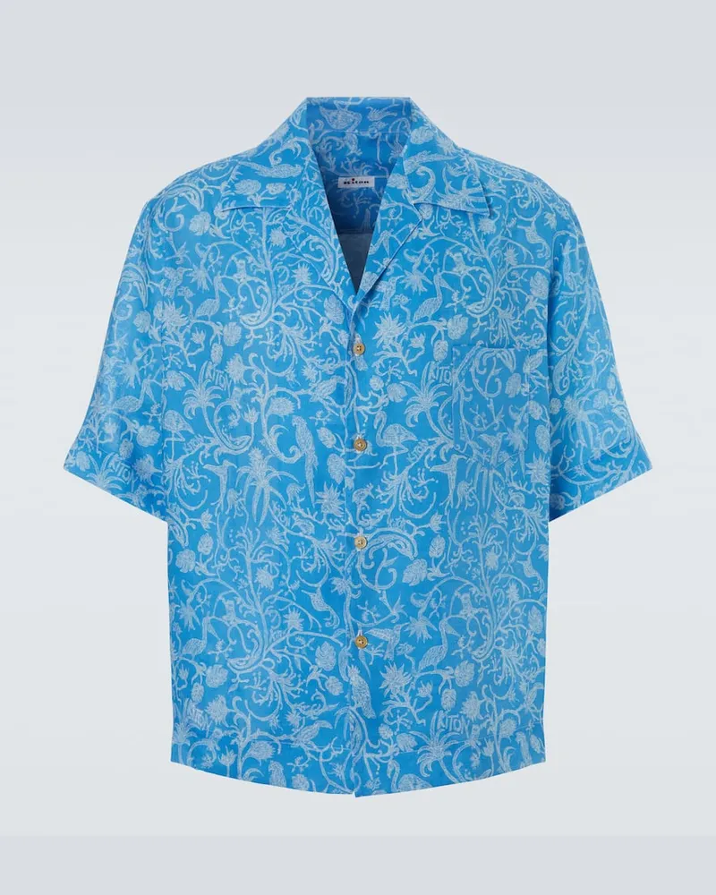 Kiton Camicia bowling in lino con stampa Blu