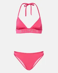 Balmain Bikini con cristalli e logo Rosa