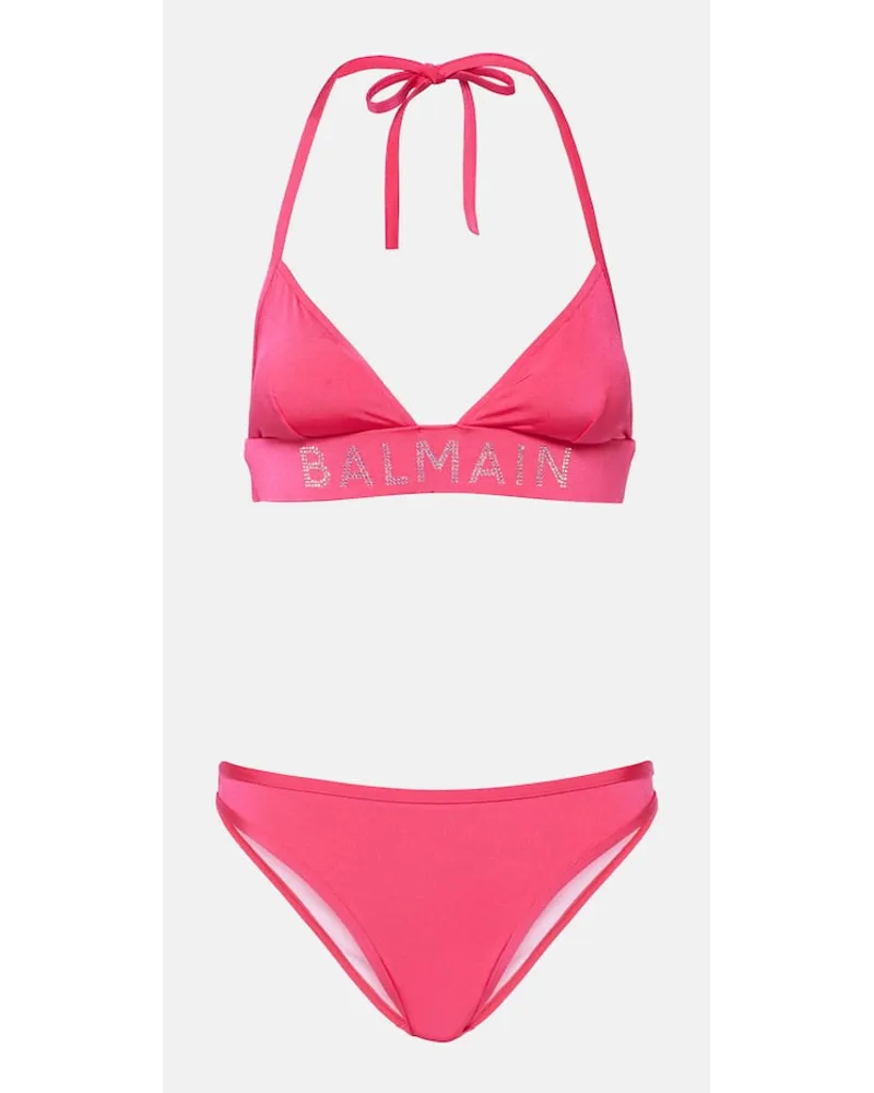Balmain Bikini con cristalli e logo Rosa