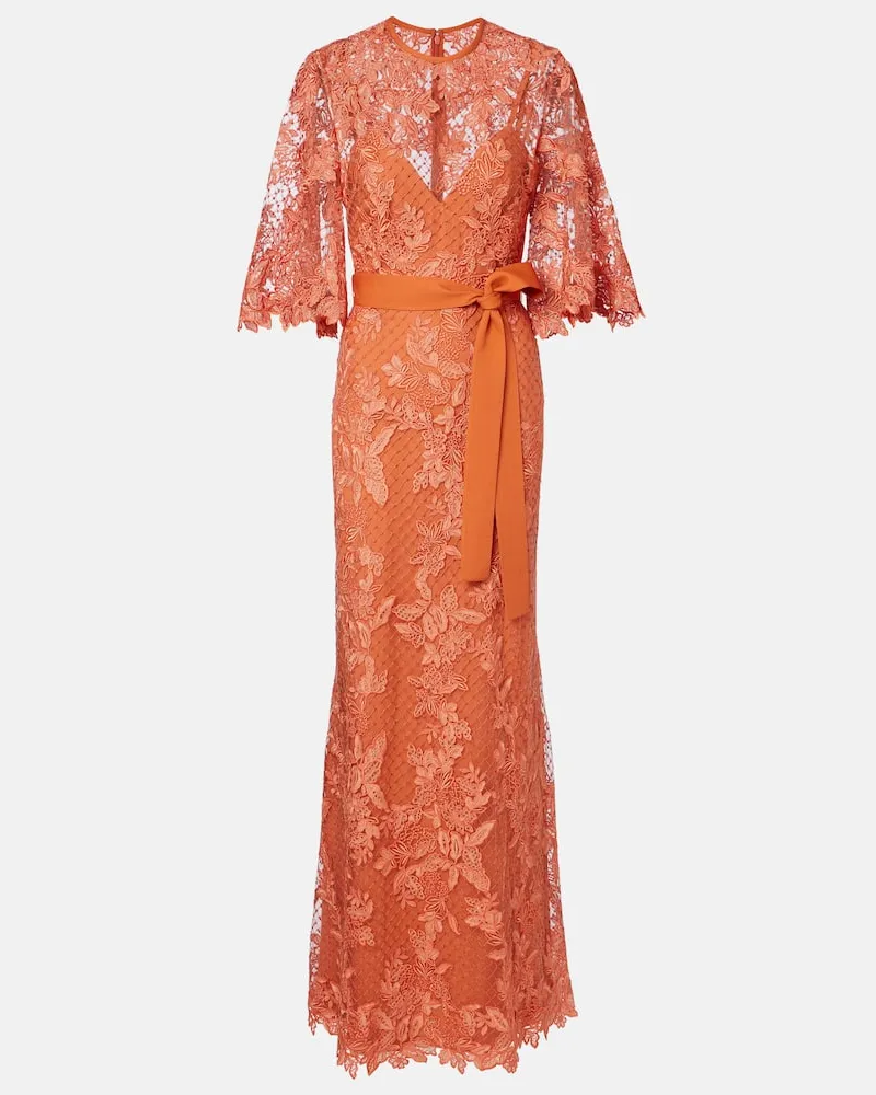 Elie Saab Abito lungo in pizzo e tulle con ricamo Arancione