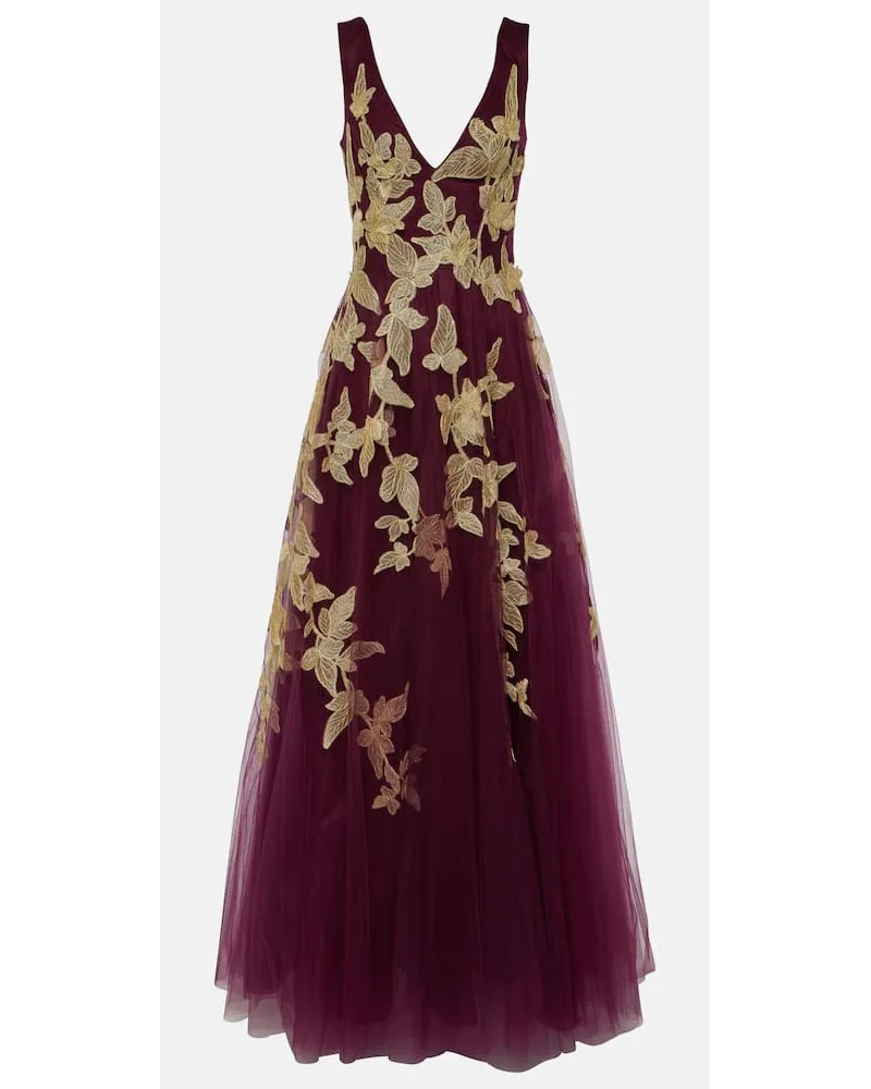 COSTARELLOS Abito lungo in tulle con ricamo Rosso