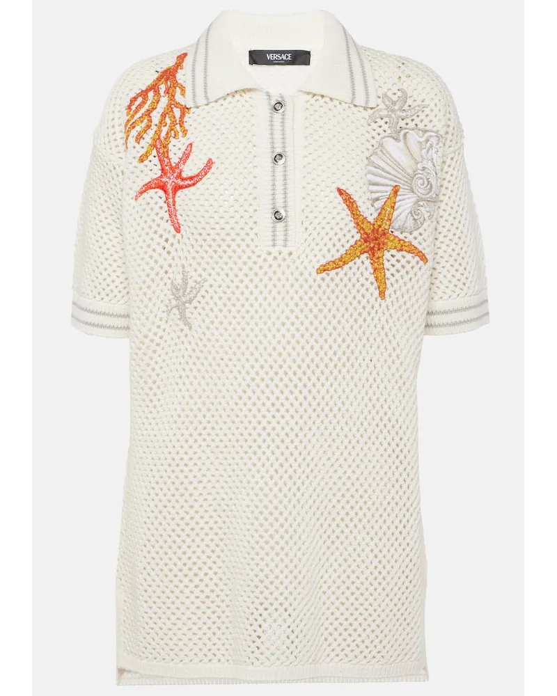 Versace Polo in crochet di cotone con ricamo Bianco
