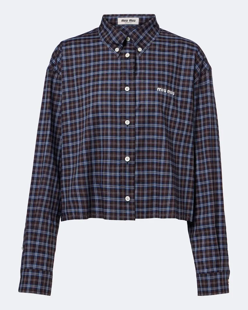 Miu Miu Camicia in cotone a quadri con logo Marrone