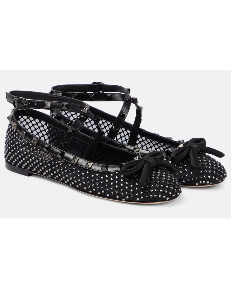 Valentino Garavani Ballerine Rockstud in mesh con cristalli Nero