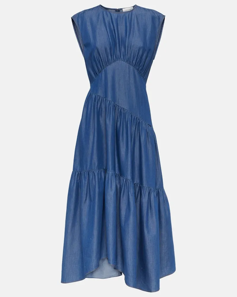 Frame Denim Abito midi in denim arricciato a balze Blu
