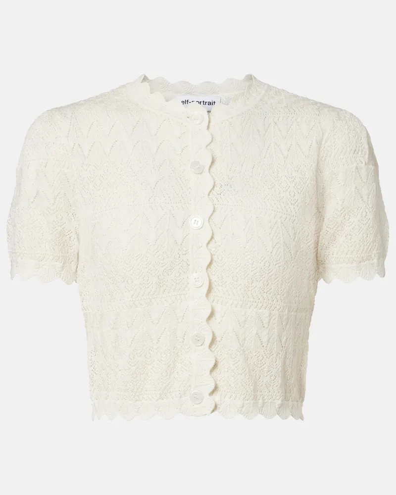 Self-Portrait Cardigan cropped in maglia traforata Bianco