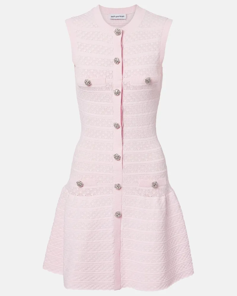 Self-Portrait Abito corto in maglia con cristalli Rosa