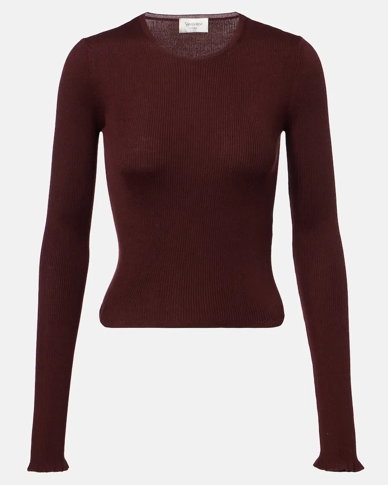 Saint Laurent Top in lana, cashmere e seta a coste Borgogna