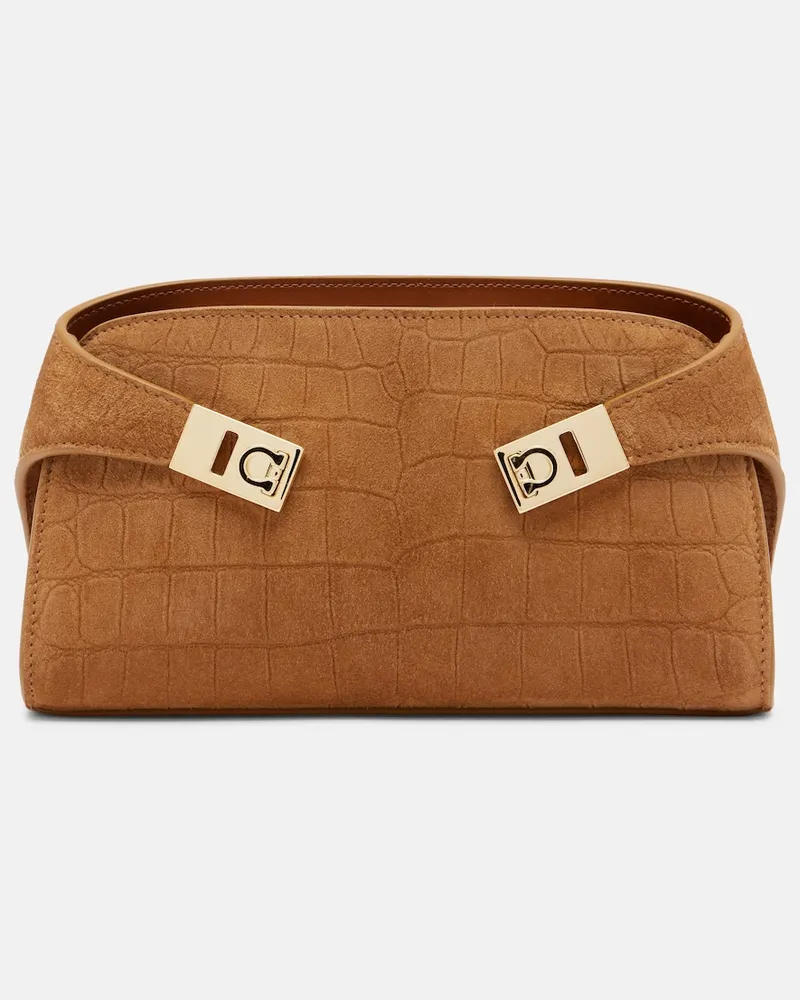 Ferragamo Clutch Hug Mini in suede Marrone