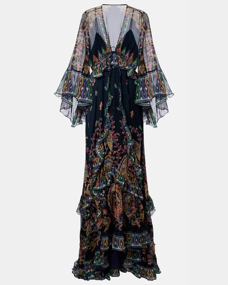 Etro Abito lungo in chiffon di seta a balze Multicolore