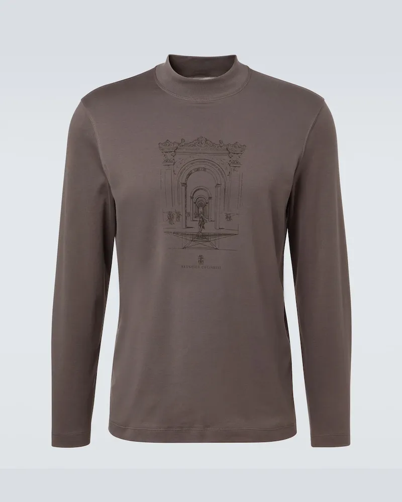 Brunello Cucinelli T-shirt in jersey di cotone con stampa Marrone