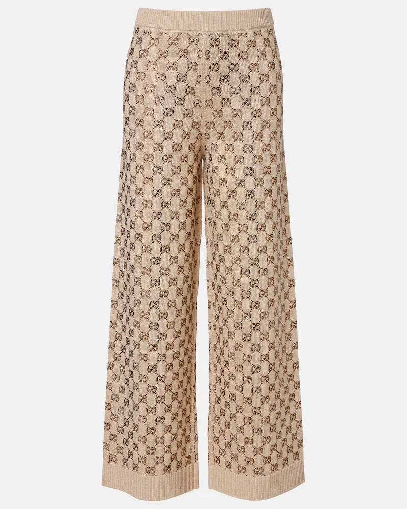 Gucci Pantaloni a gamba larga in misto lana e cashmere GG Beige