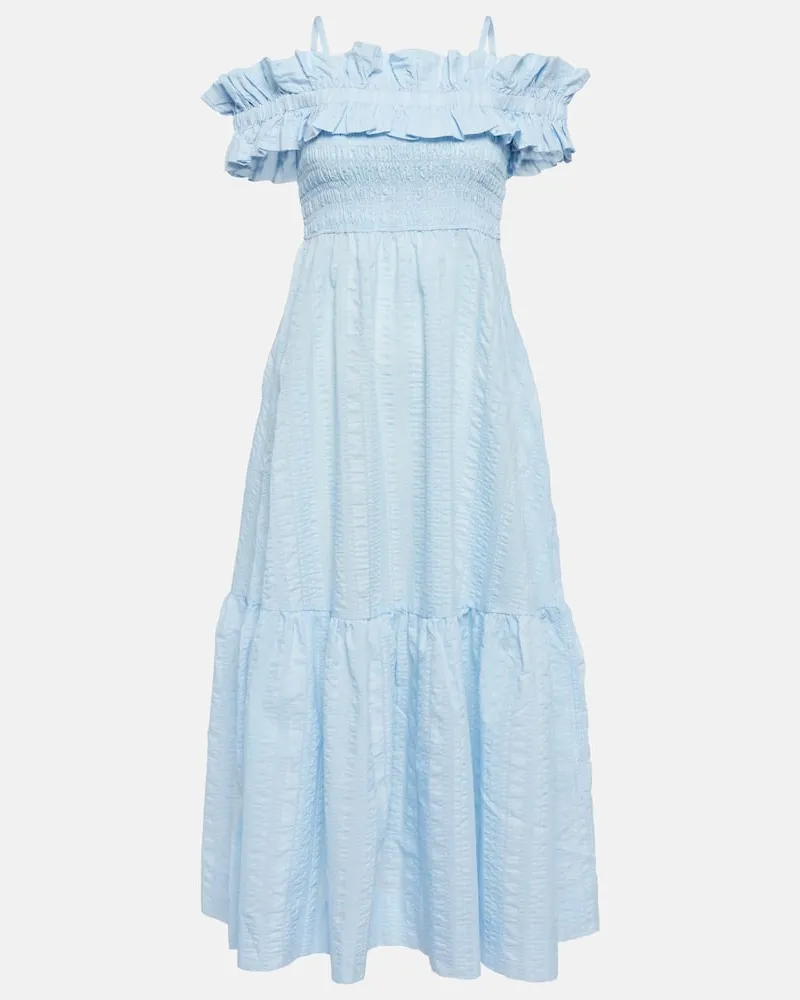 Ganni Abito lungo con scollo bardot Blu