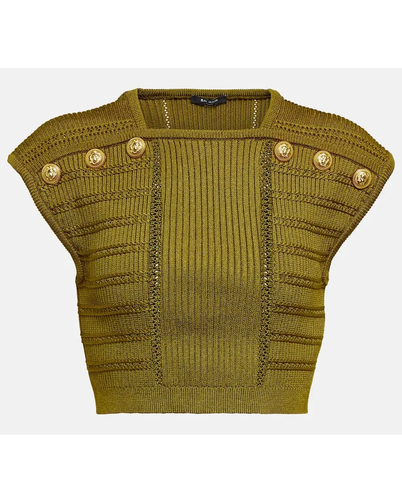 Balmain Top cropped in maglia con decorazioni Verde