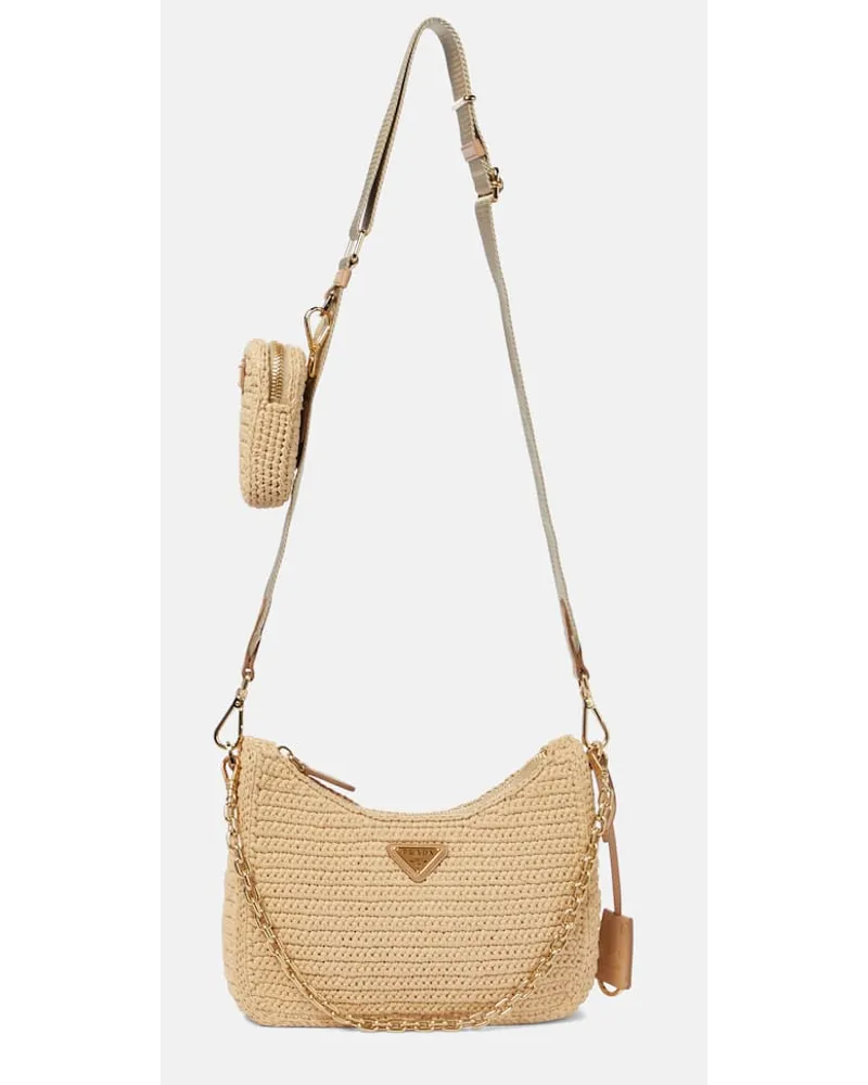 Prada Borsa a spalla Re-Edition 2005 Small in rafia Beige