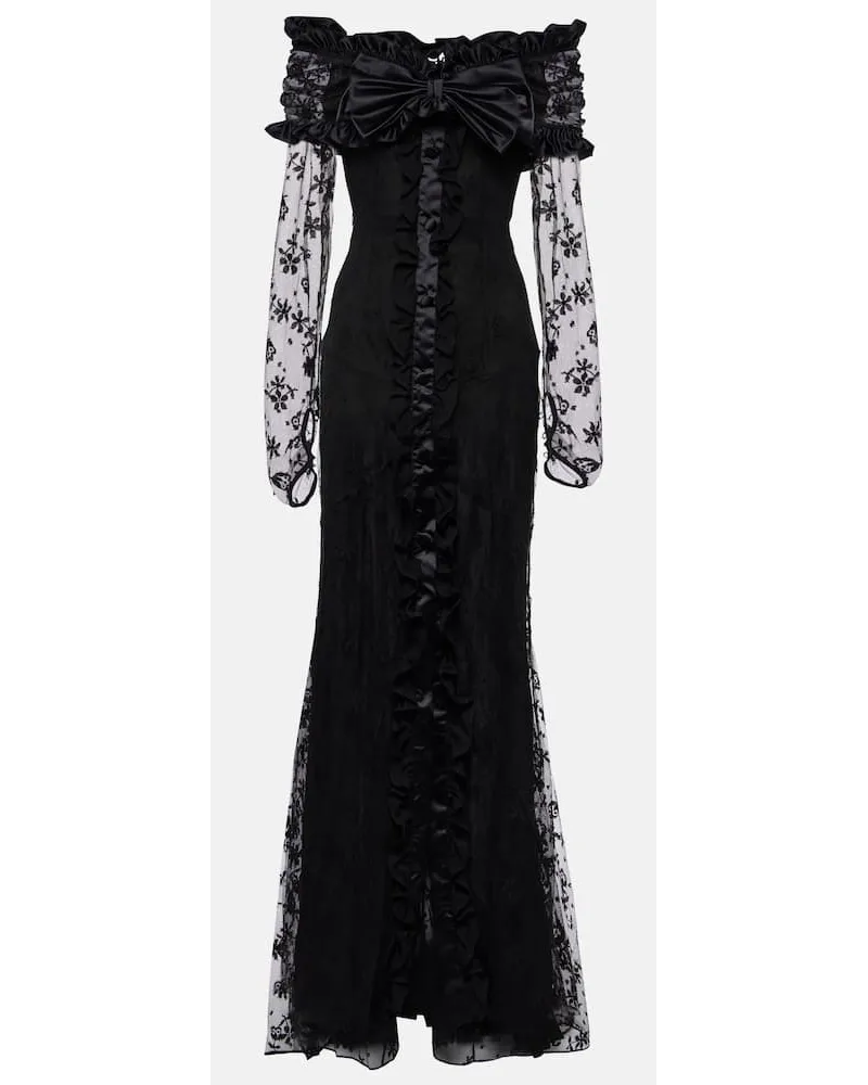 Alessandra Rich Abito lungo in pizzo con scollo bardot Nero