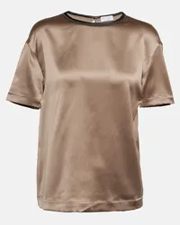 Brunello Cucinelli T-Shirt in raso di misto seta Marrone