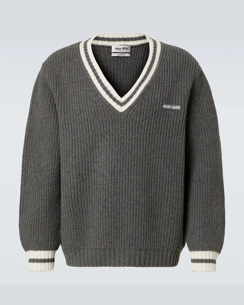 Miu Miu Pullover in lana e cashmere a coste Grigio