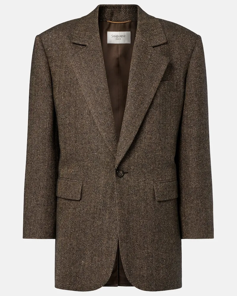 Saint Laurent Blazer in misto lana e seta a spina di pesce Marrone