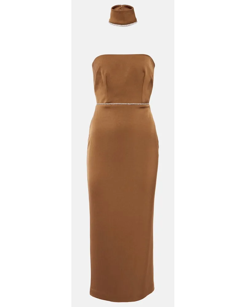 Alex Perry Abito midi in raso con cristalli Marrone