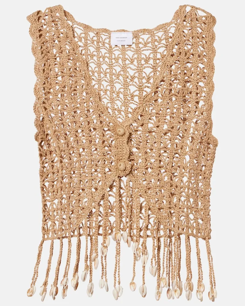 Anna Kosturova Top cropped in crochet con frange Beige