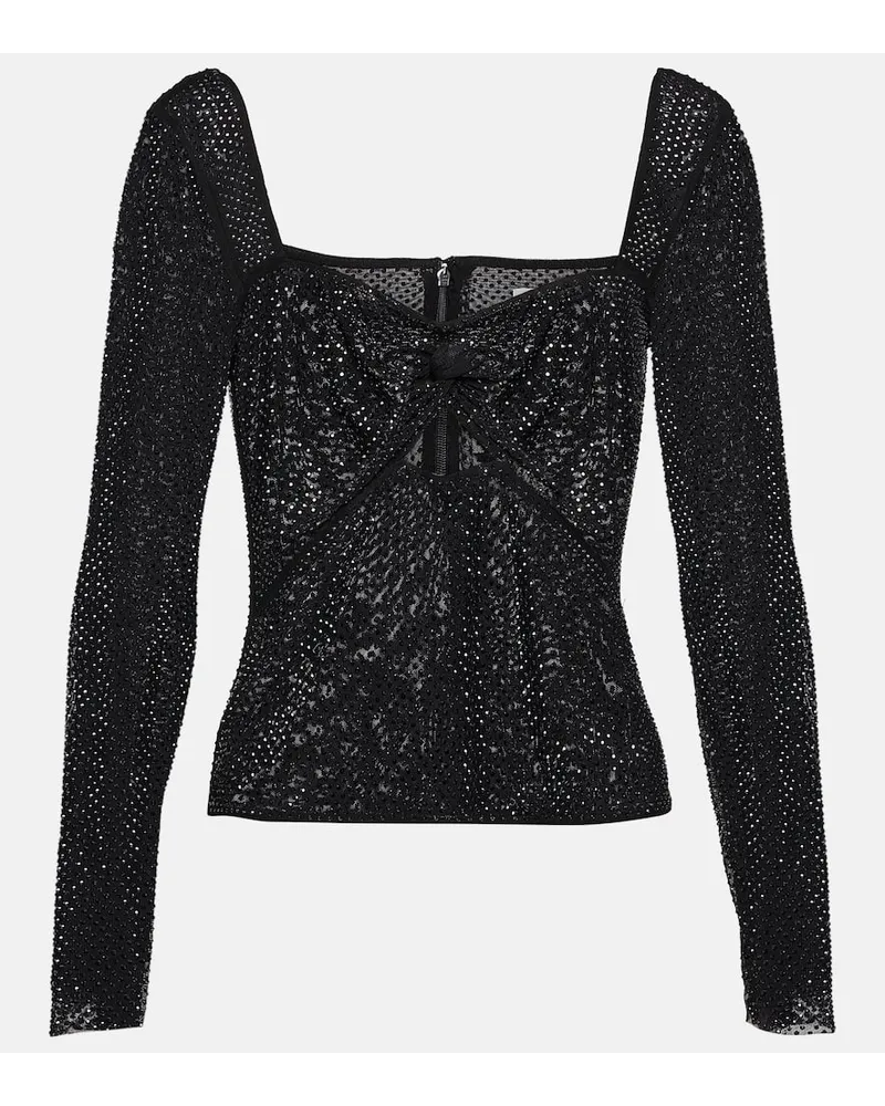 Self-Portrait Top in mesh con cristalli Nero