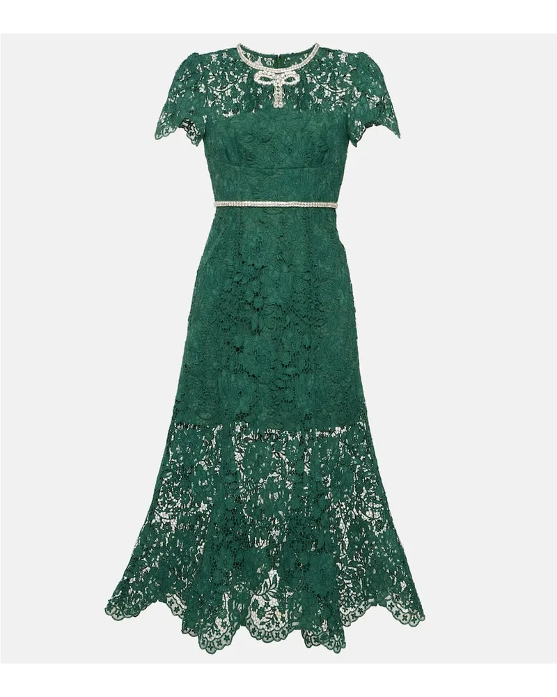 Self-Portrait Abito midi in pizzo con cristalli Verde