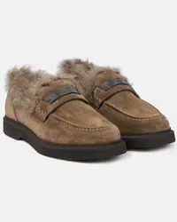 Brunello Cucinelli Mocassini in suede e shearling Marrone