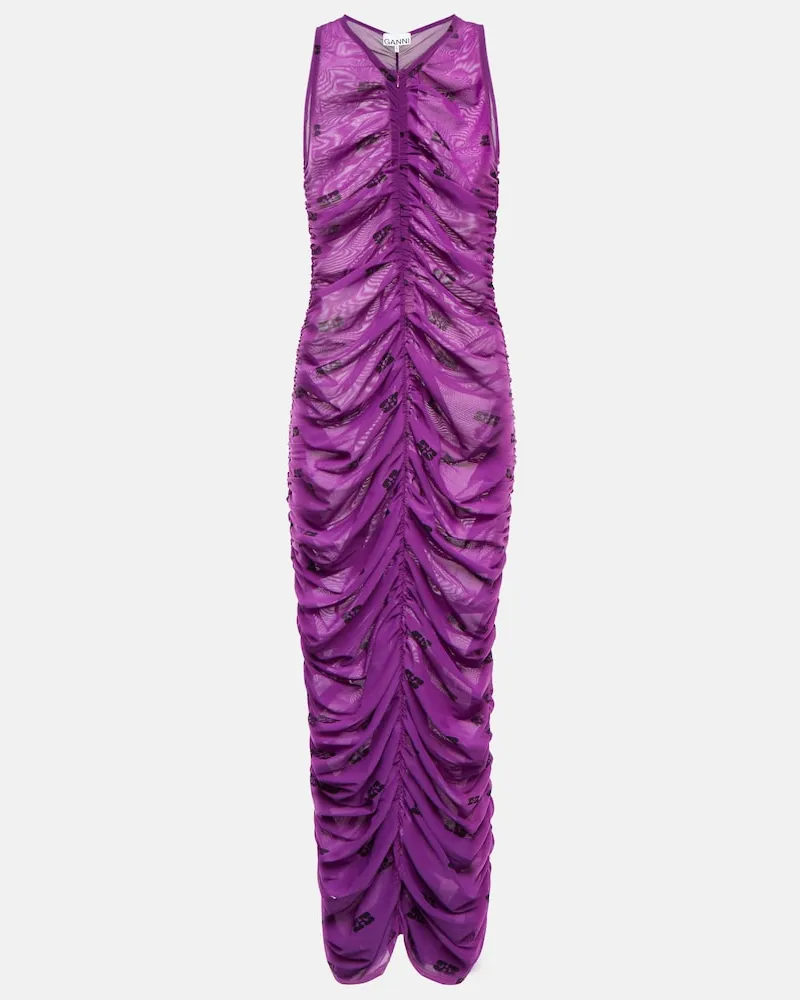 Ganni Abito midi con stampa e ruches Viola