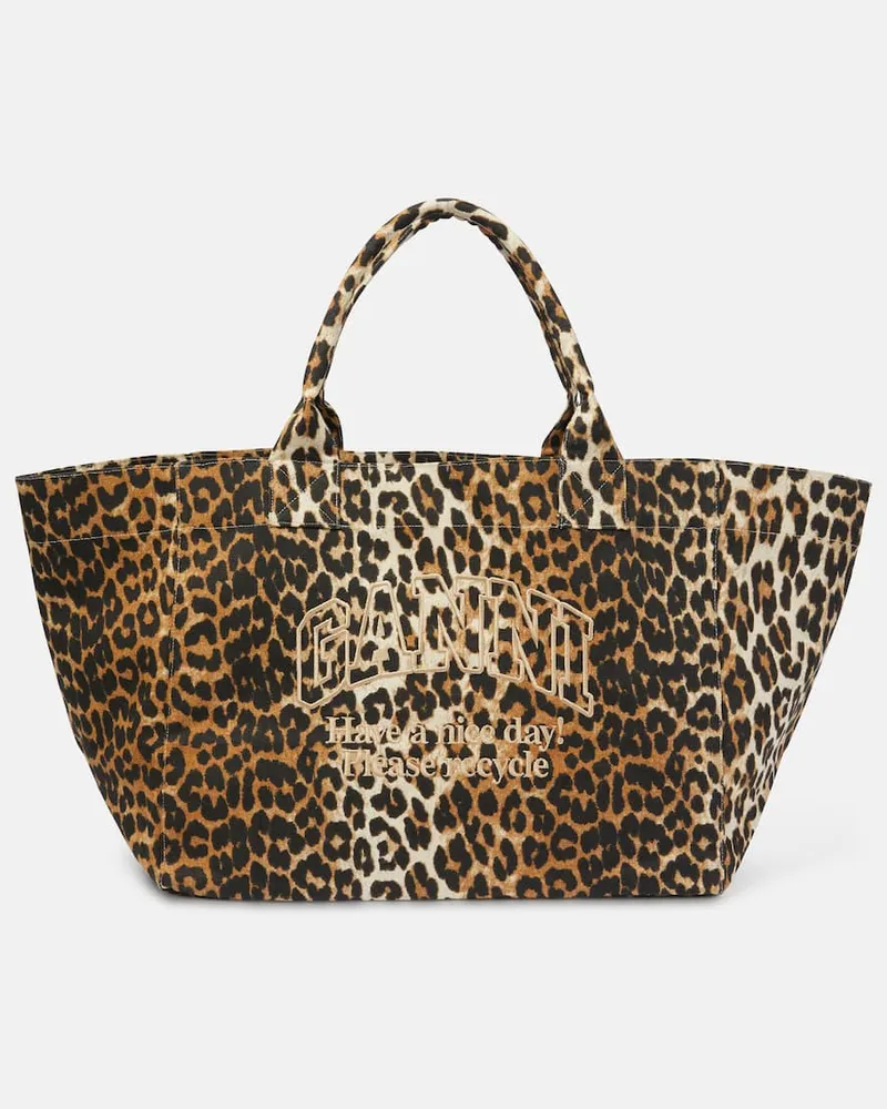 Ganni Borsa in canvas con stampa leopardata Marrone