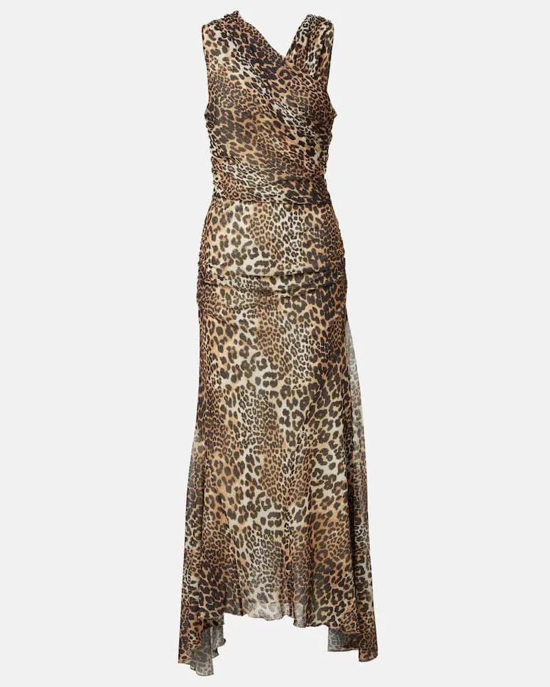 Ganni Abito lungo in mesh con stampa leopardata Multicolore