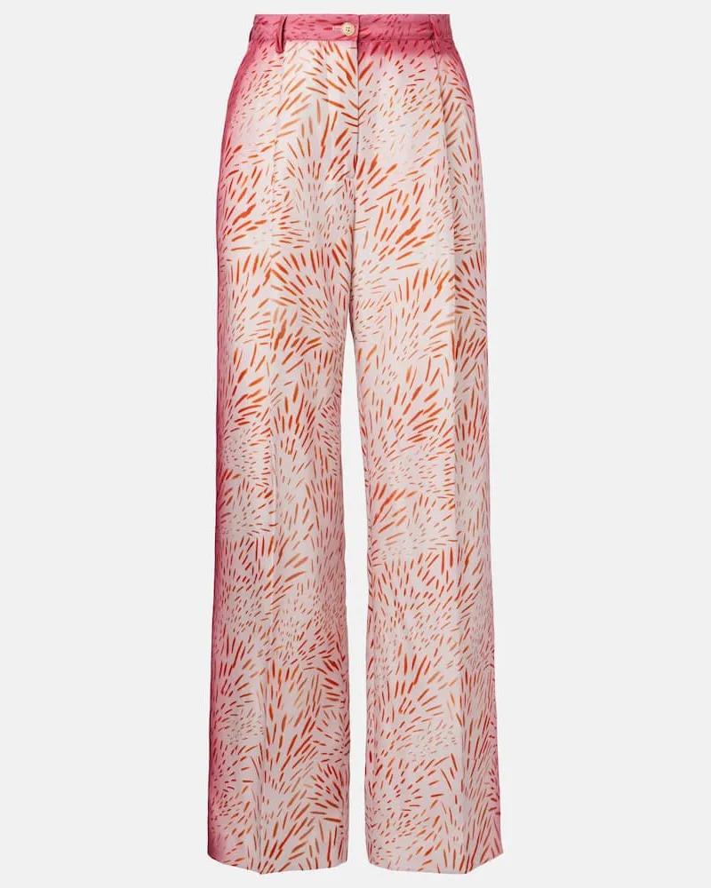 Dries van Noten Pantaloni a gamba larga in seta con stampa Rosa