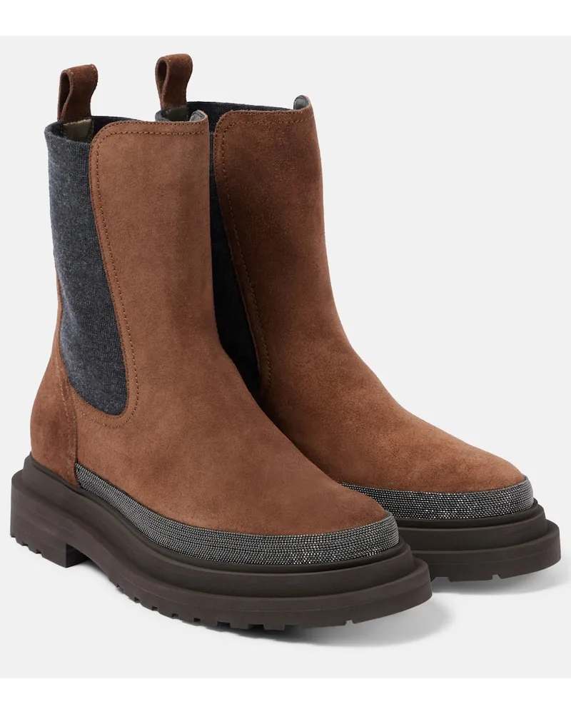 Brunello Cucinelli Stivaletti Chelsea Monili in suede Marrone