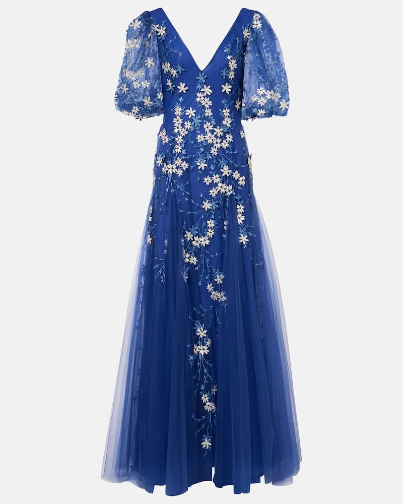 COSTARELLOS Abito lungo in tulle con applicazioni floreali Blu