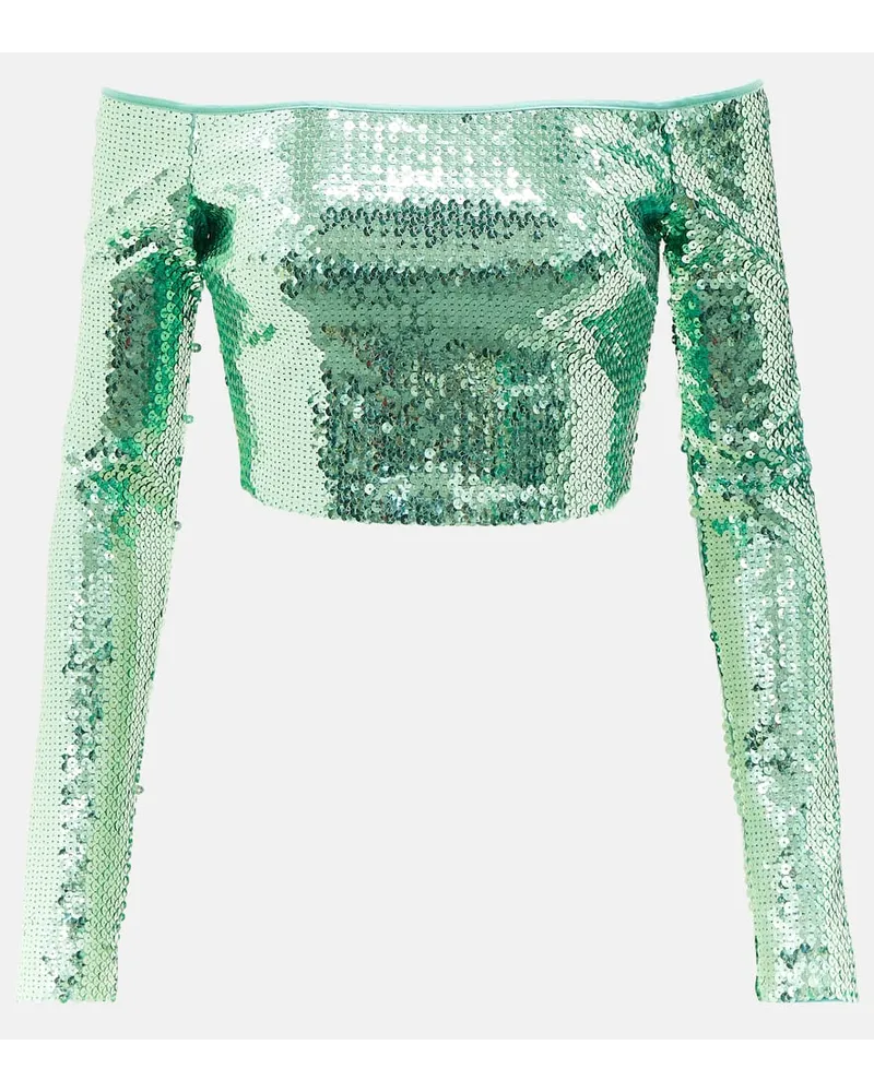 David Koma Top cropped con scollo bardot e paillettes Verde