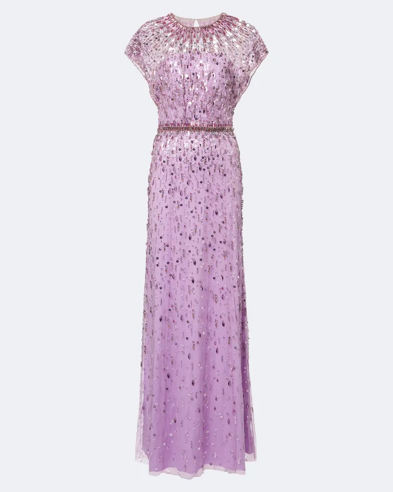 Jenny Packham Abito lungo Lauretta in tulle con paillettes Viola