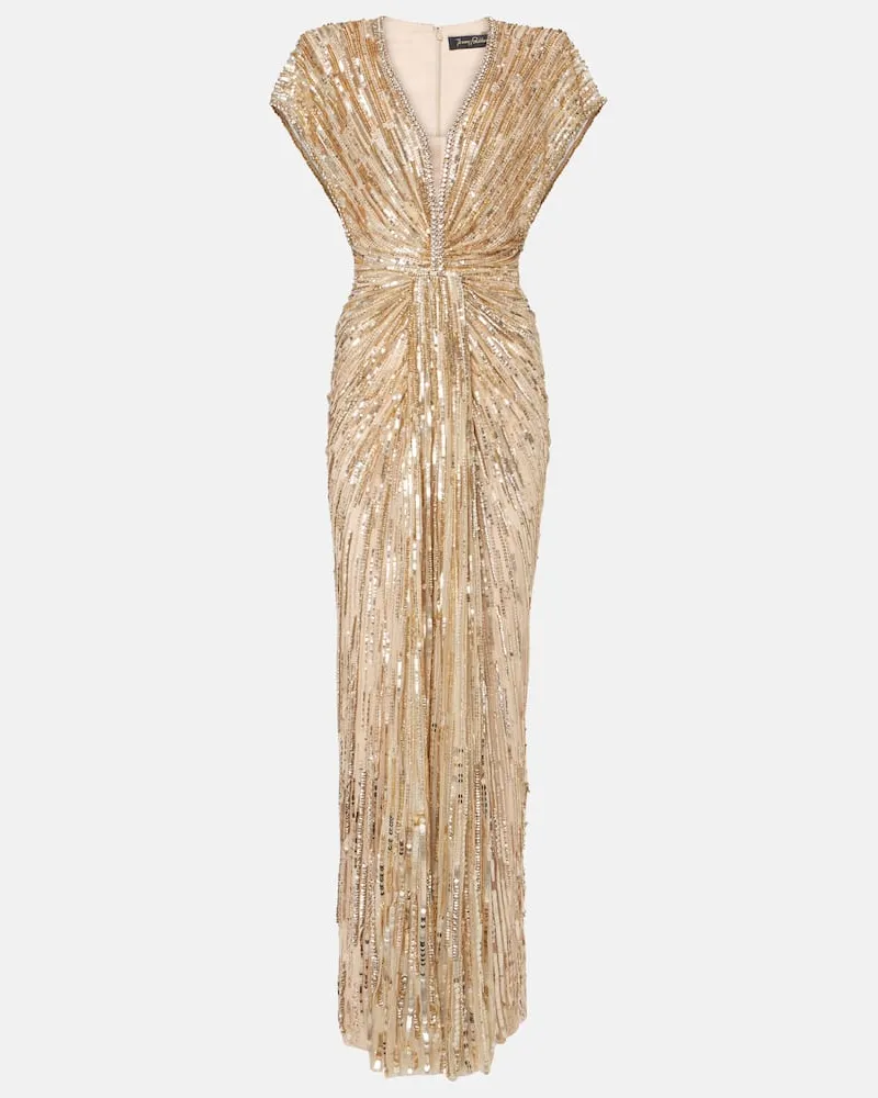 Jenny Packham Abito lungo Zola in tulle con paillettes Oro