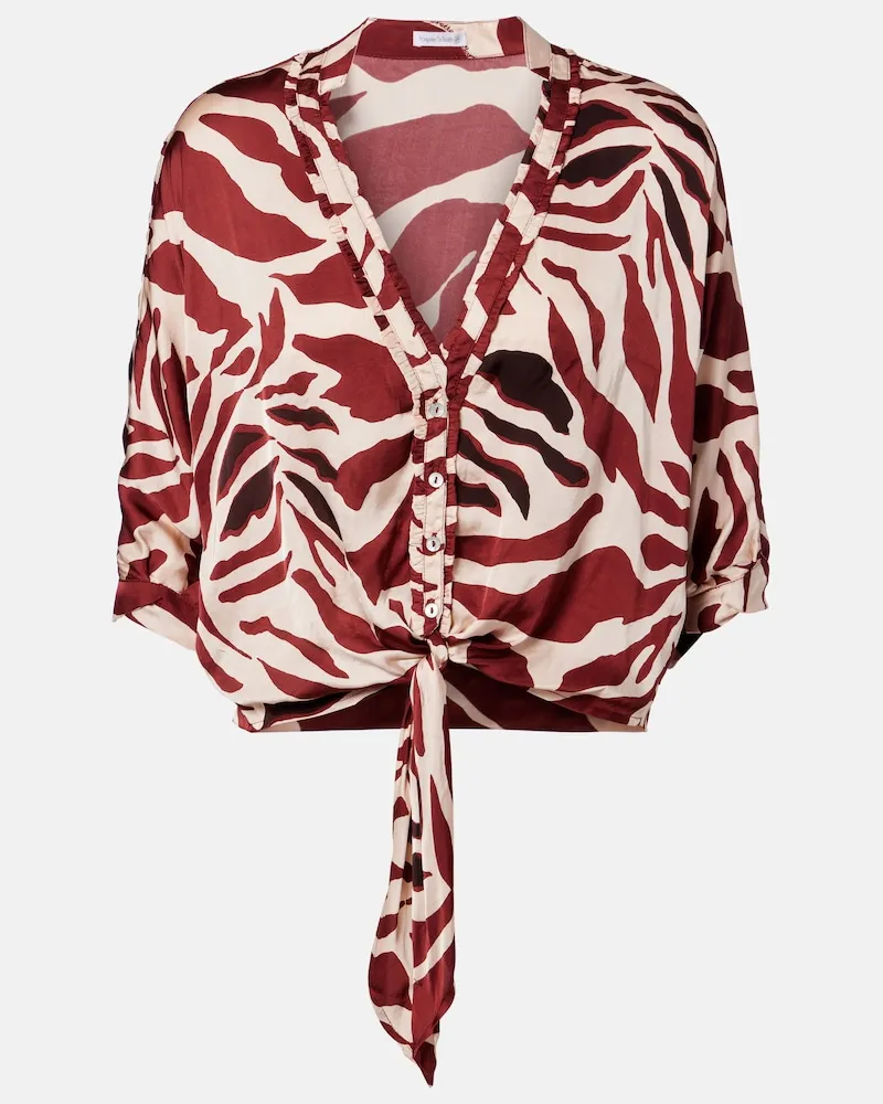 Poupette St Barth Blusa Azia in raso con stampa Marrone