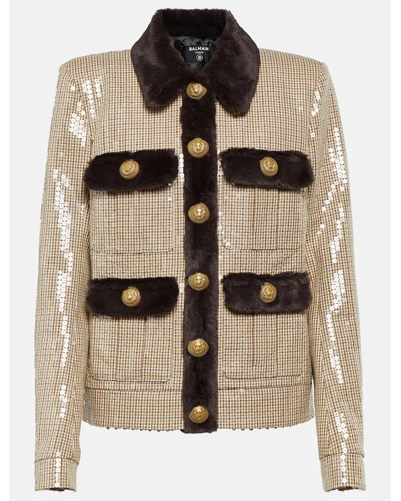 Balmain Giacca con paillettes e pelliccia sintetica Bianco