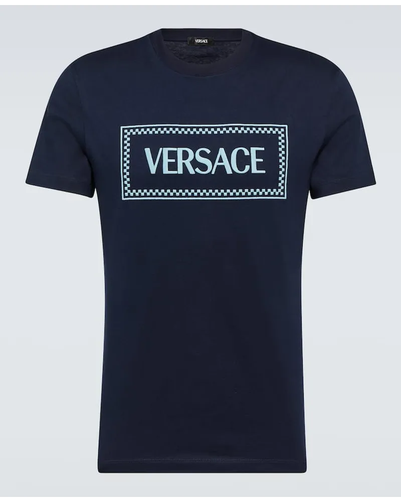 Versace T-shirt in jersey di cotone con logo Blu