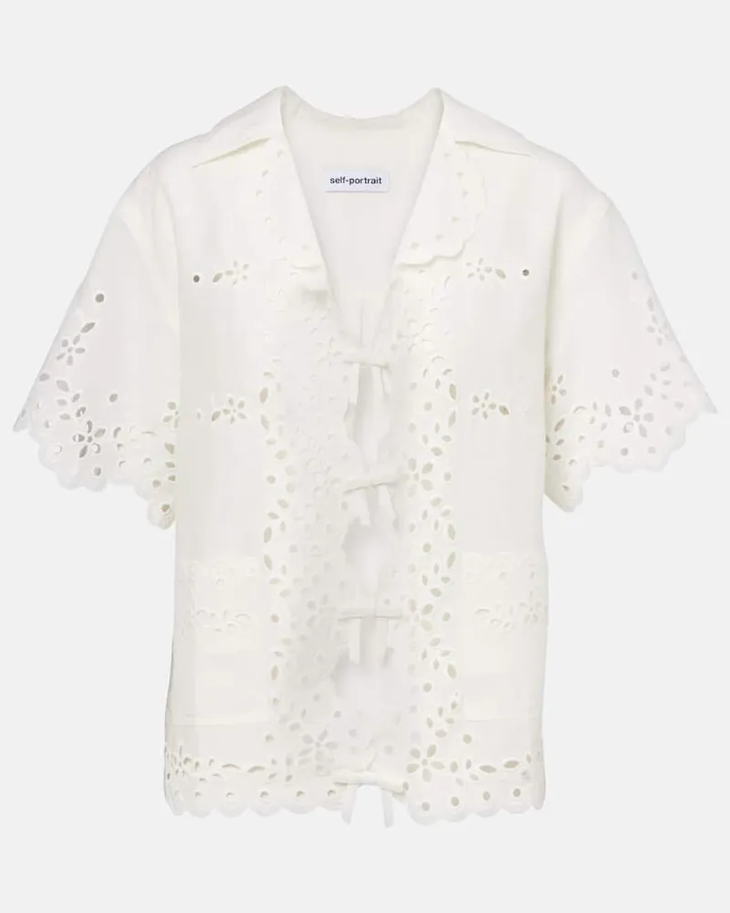 Self-Portrait Top in cotone e lino con ricami e cut-out Bianco
