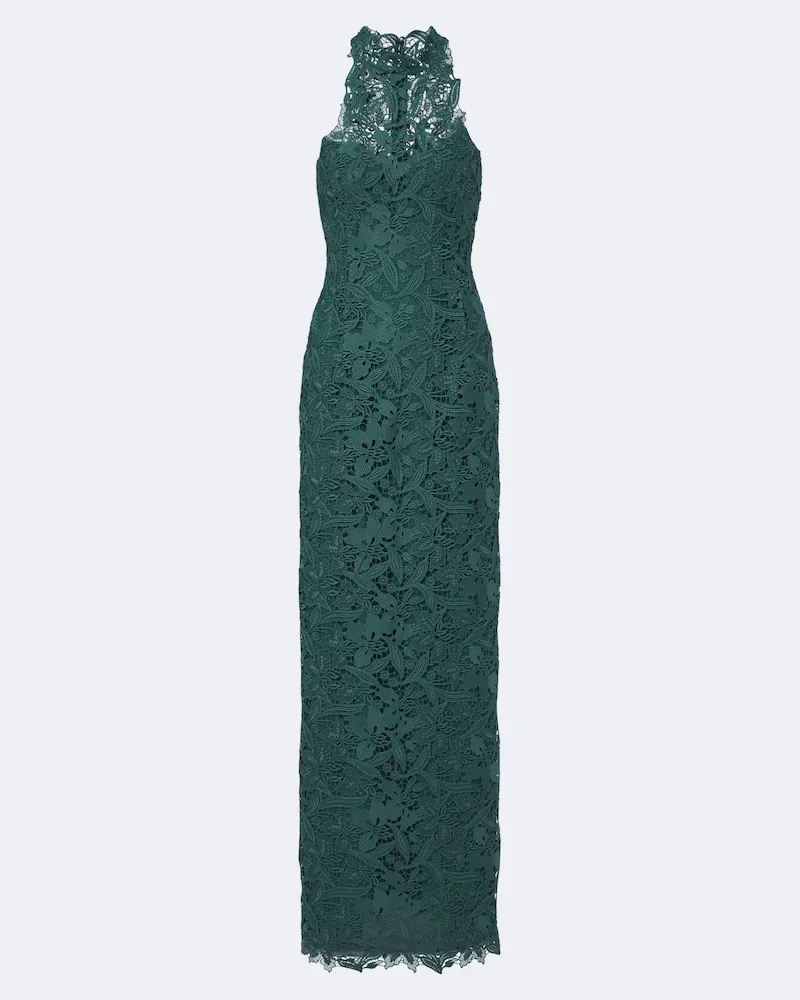 Monique Lhuillier Abito lungo in pizzo con scollo all’americana Verde