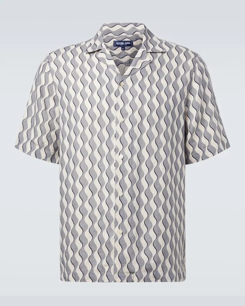 Frescobol Carioca Camicia da bowling Roberto in lino con stampa Blu