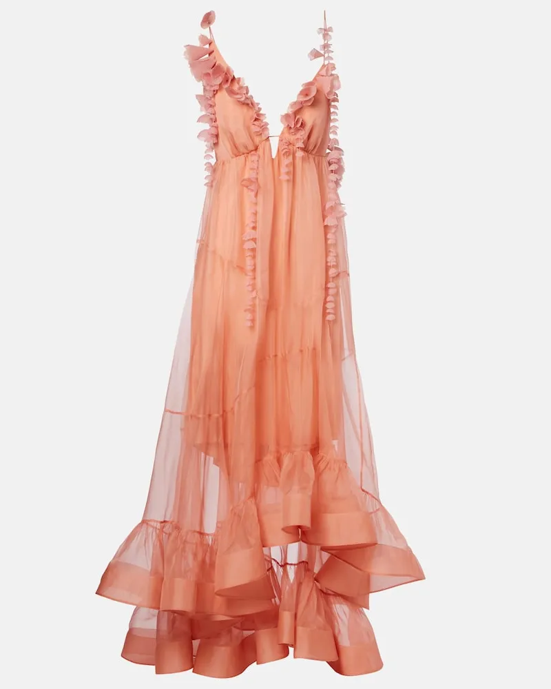 Zimmermann Abito lungo Como in seta con applicazioni floreali Rosa