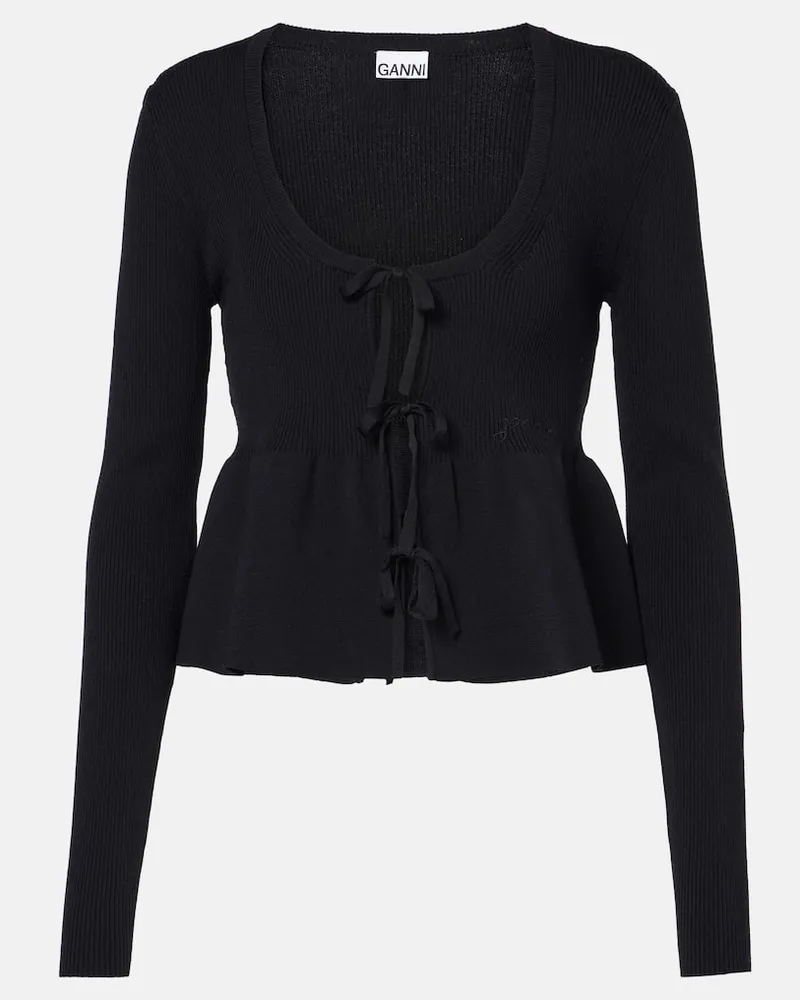 Ganni Top in maglia a coste con volant Nero