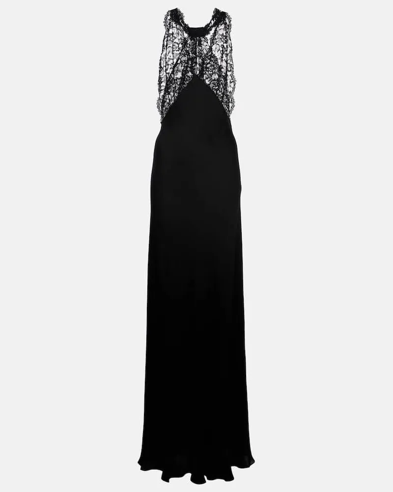 Saint Laurent Abito lungo in charmeuse di seta con pizzo Nero