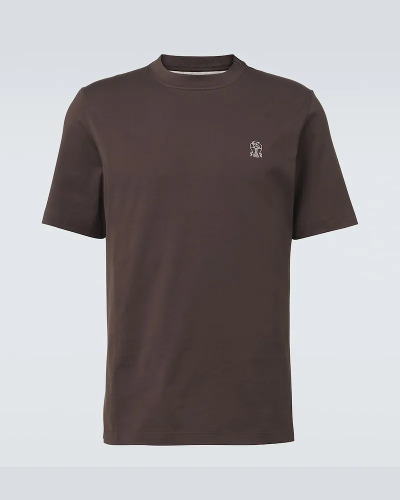 Brunello Cucinelli T-shirt in jersey di cotone con logo Marrone