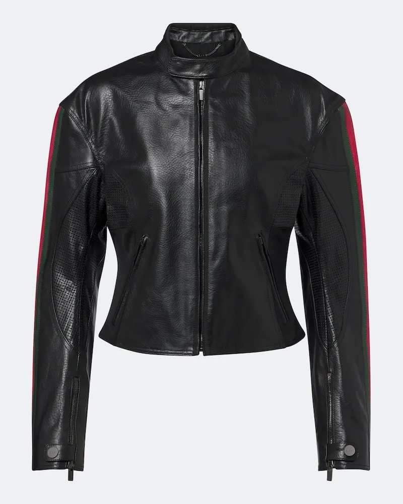 Gucci Giacca biker Web Stripe in pelle Nero