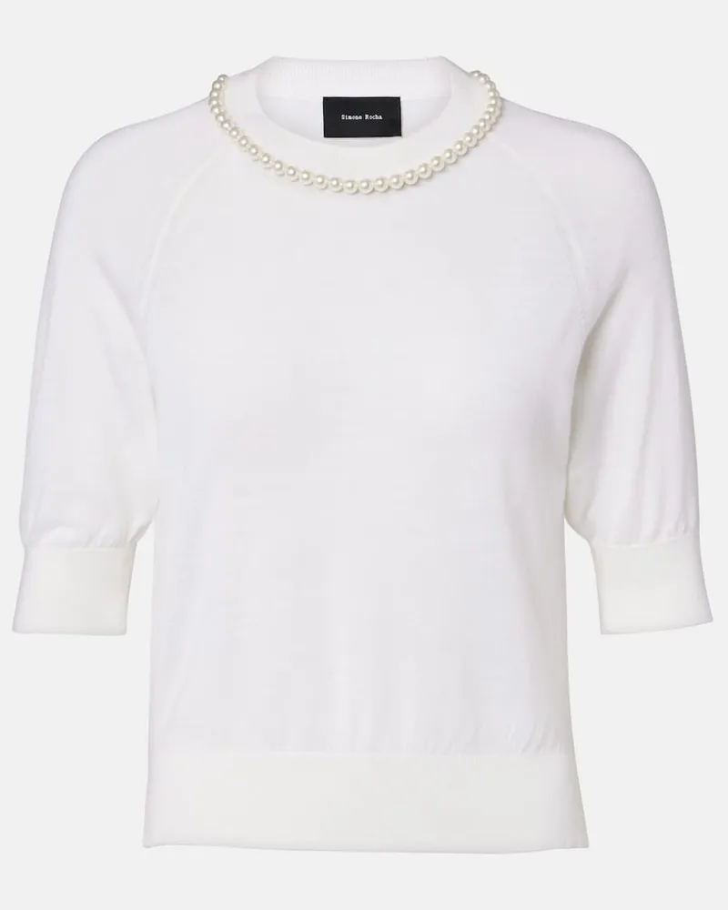 Simone Rocha Top in lana e seta con perle bijoux Bianco