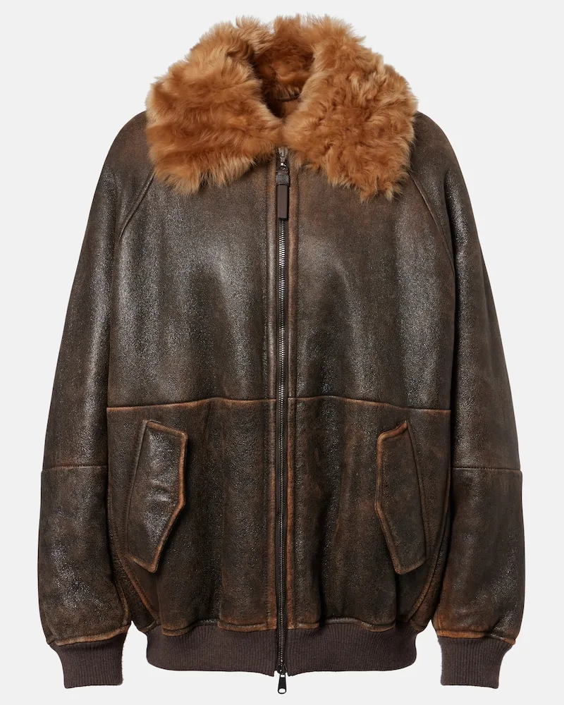 Brunello Cucinelli Giacca blouson in pelle con shearling Marrone